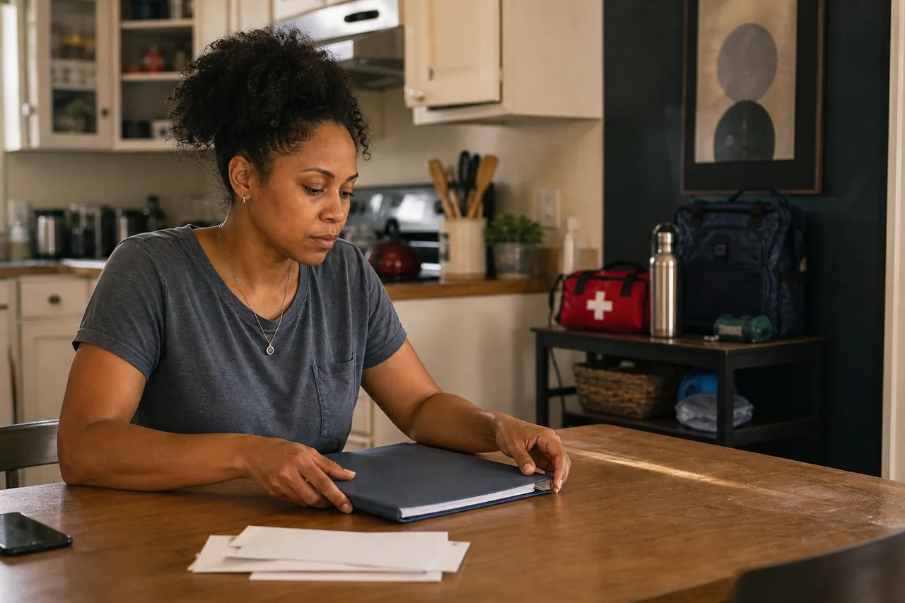 A person calmly organizing a household emergency folder at a kitchen table