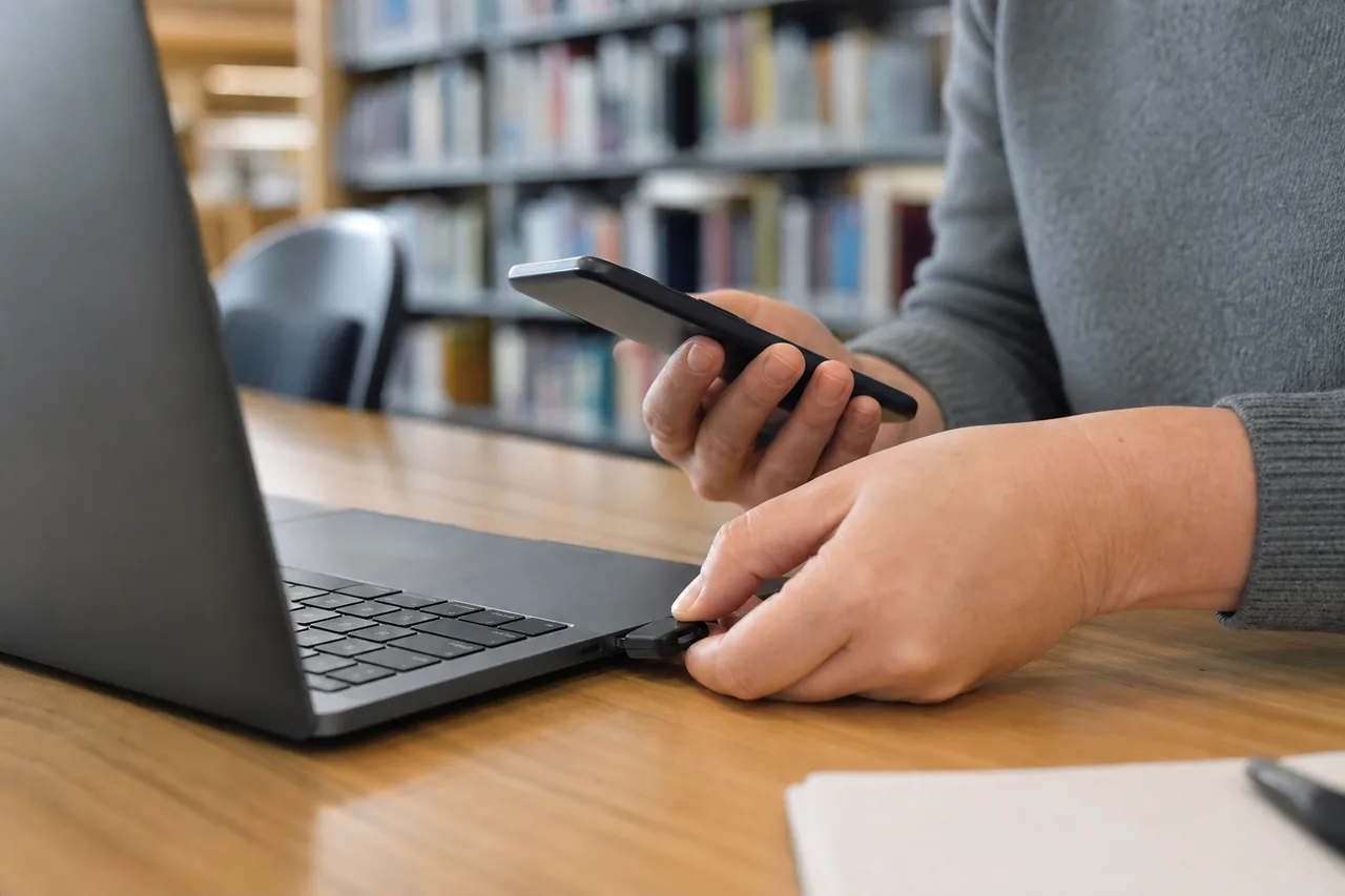 Hands using a laptop and phone